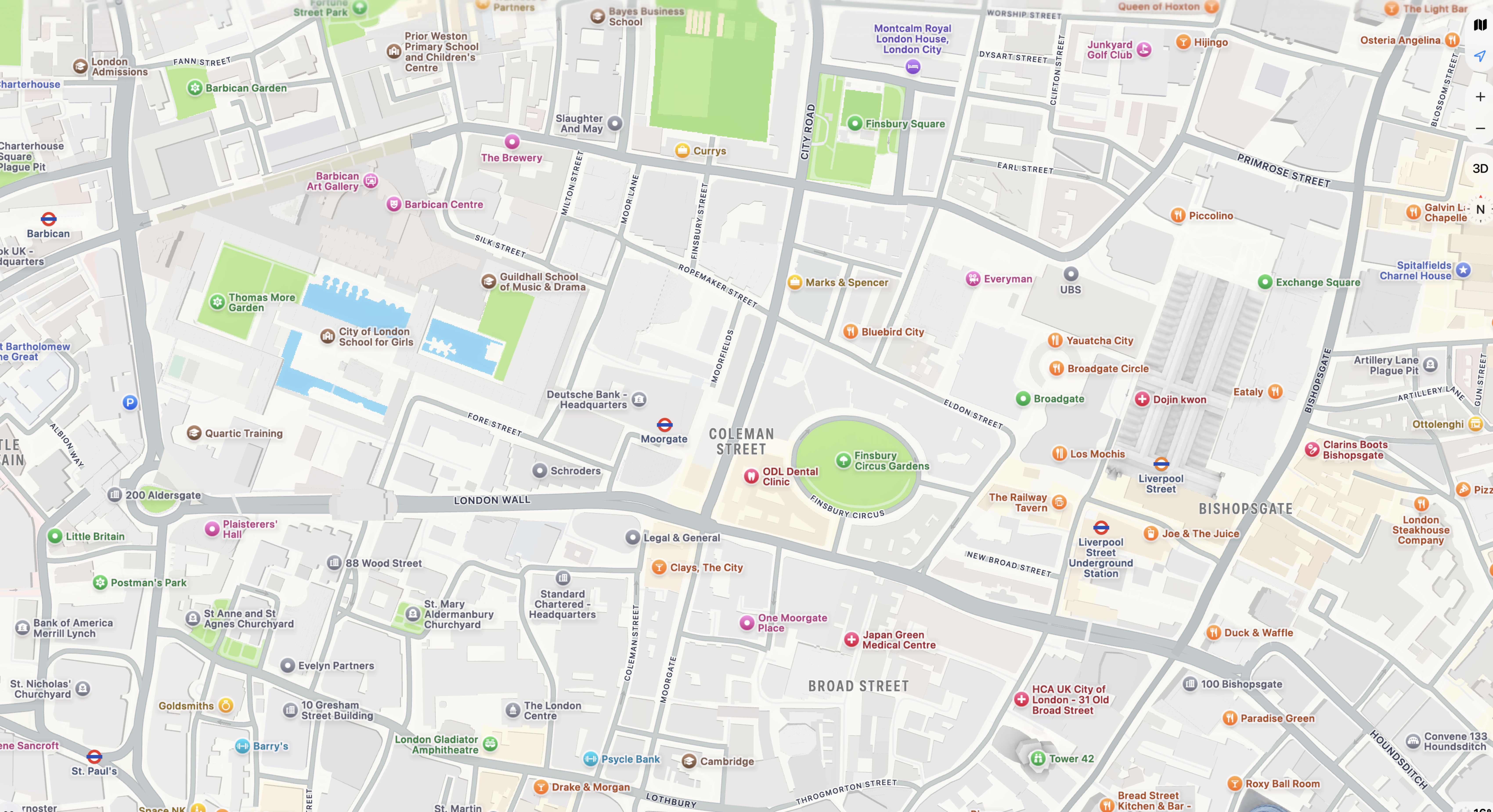 Apple Maps view of central London around Liverpool Street