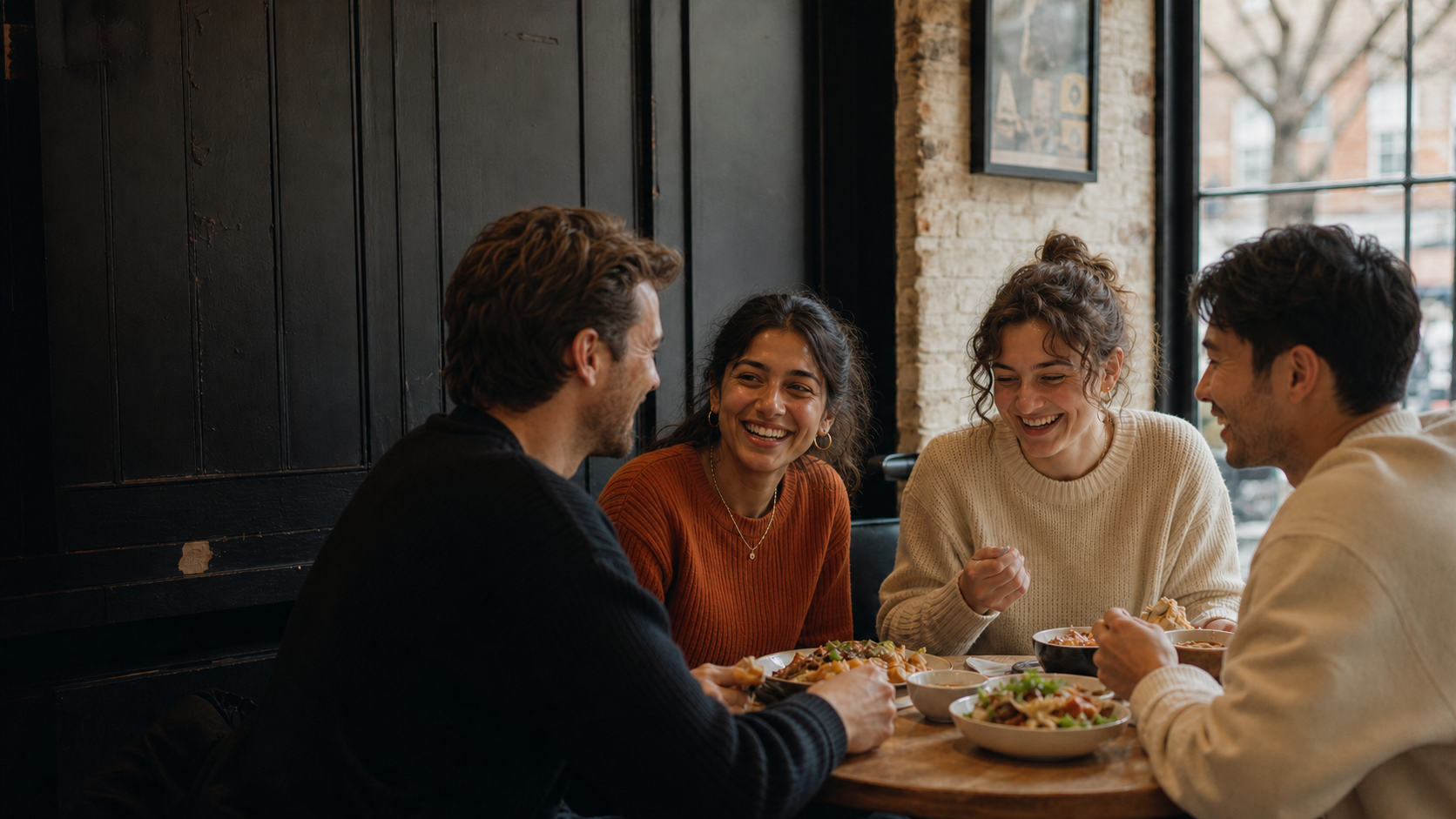 Four people aged 25 to 28 sharing a weekday lunch at a London table